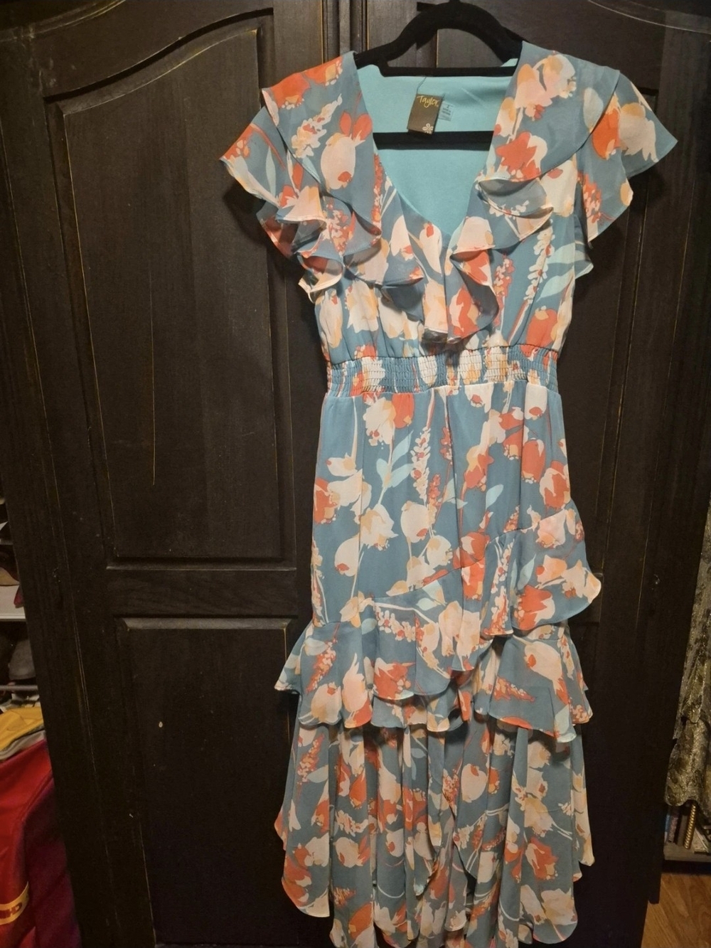 Taylor Floral Ruffle High-Low Dress in Blue and Coral